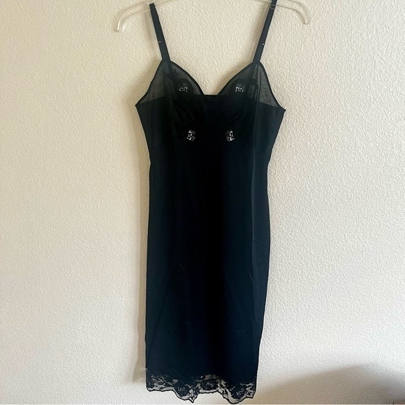 Vintage 60s Black Full Slip Dress Small Nylon USA Lace Edge & Front Hearts‎ - Picture 2 of 8